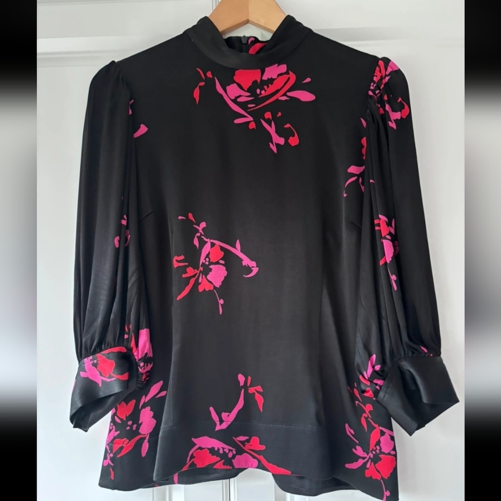 Ganni Satin Floral Blouse RRP £250 Statement Top Puff Sleeve Size S US 4-6